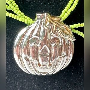 Jack-O-Lantern Brooch/Pendant Two-Tones Silver and Gold w/Lime Green Necklace